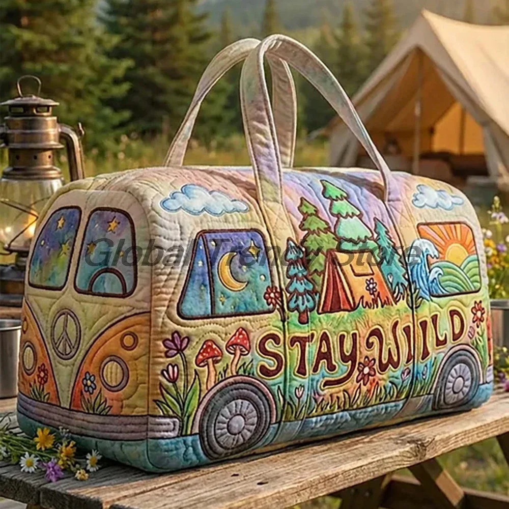 sac de voyage matelassé pour homme, motif floral et bus de la paix, sac fourre-tout décontracté pour femme, sac de week-end