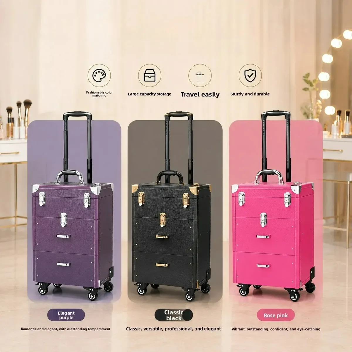 kit professionnel de tatouage et de nail art, valise de maquillage universelle à roulettes, boîte de rangement multi-couches grande capacité pour maquillage