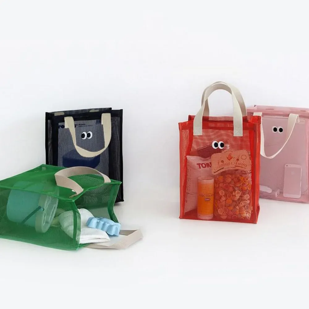 sac de plage en maille à grands yeux de dessin animé, sac de voyage multifonctionnel grande capacité, pochette cosmétique portable, trousse de toilette pour la natation