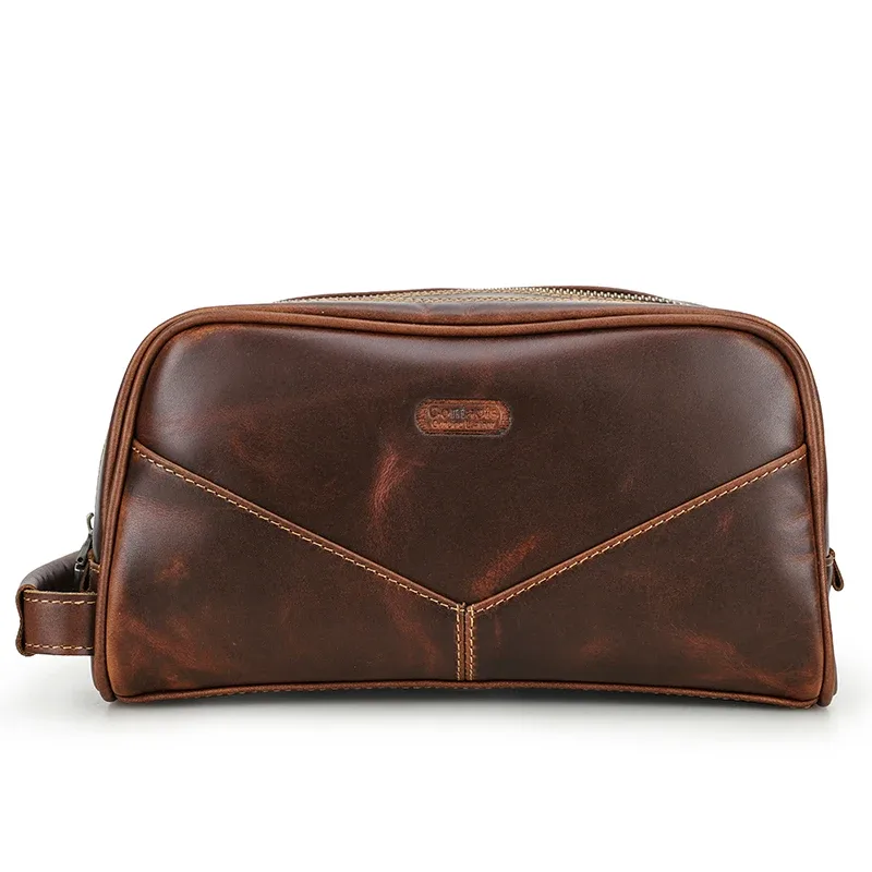 crazy horse – trousse de maquillage de voyage en cuir véritable pour hommes, étuis à cosmétiques vintage en cuir, marque de luxe, rangement de lavage, trousses de toilette