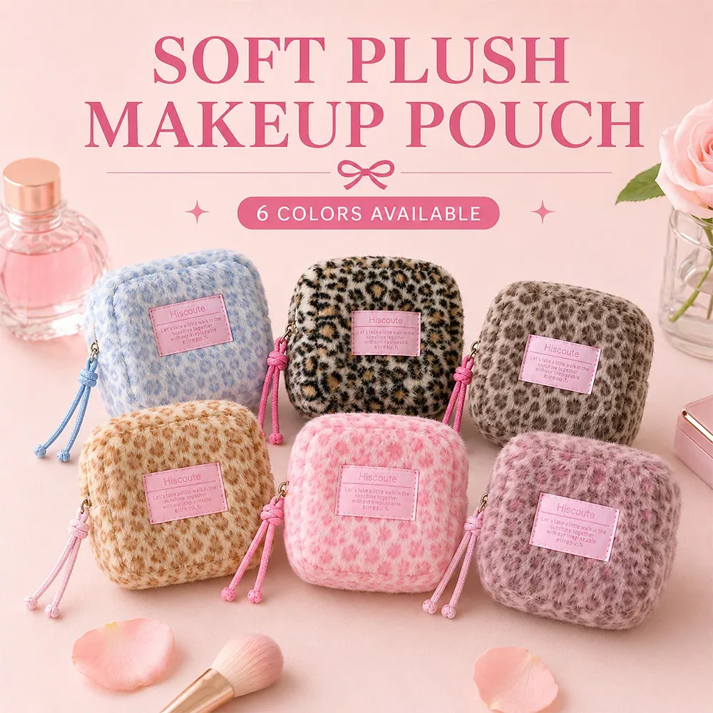 Pochette cosmétique en peluche à imprimé léopard, mignonne, chaude, mini, carrée, légère, boîte à rouge à lèvres, sac de rangement pour maquillage, pour un usage quotidien