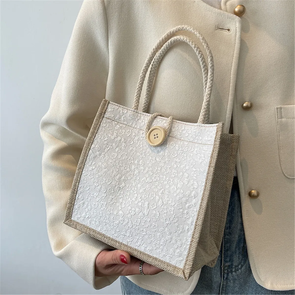sac fourre-tout en coton à motif floral, sac à main polyvalent portable de grande capacité, sac d'emballage cadeau, sac à déjeuner, sac de shopping à boutons en lin