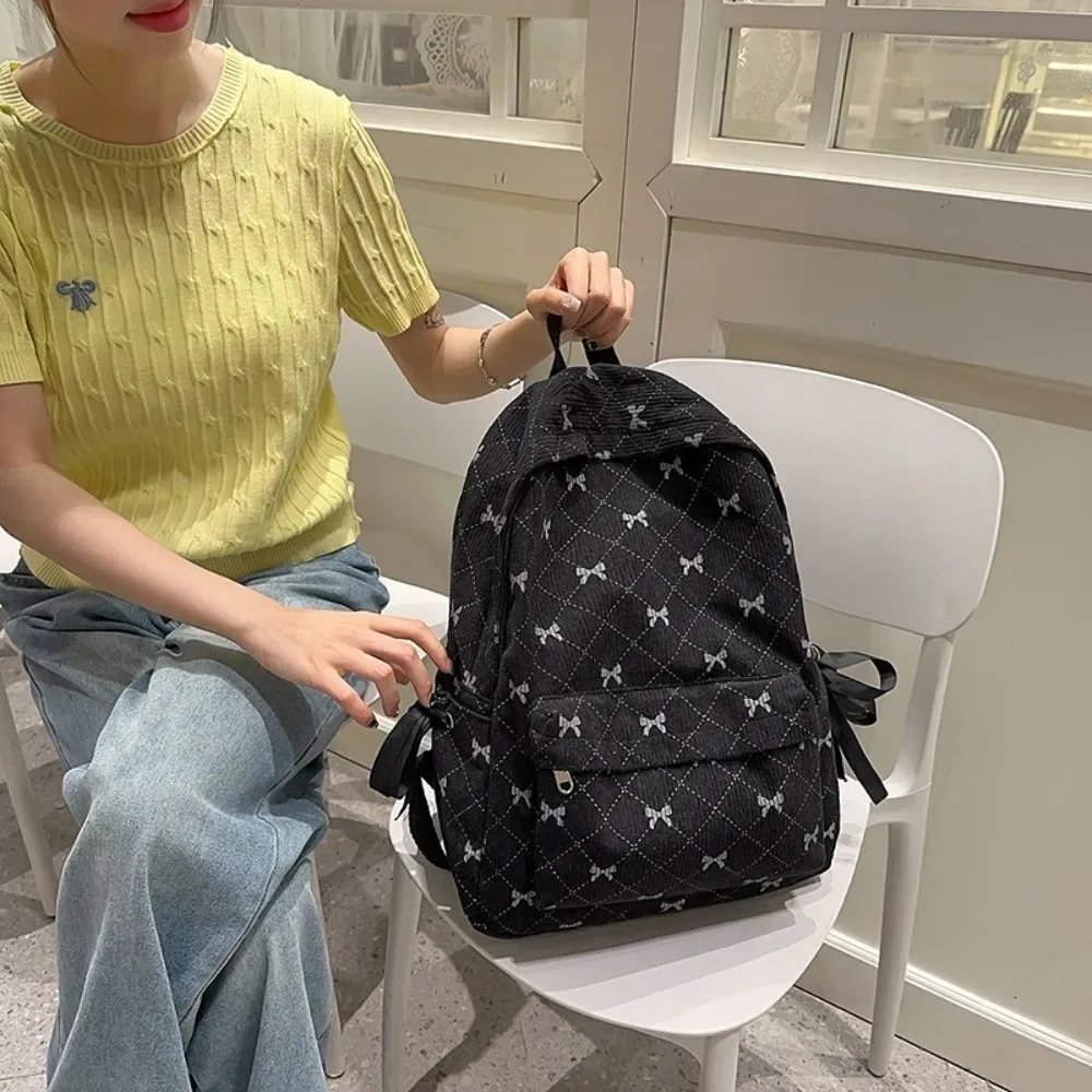 Sac à dos en velours côtelé style coréen tendance, grande capacité, bretelles réglables, imprimé nœud, pour étudiants et lycéens