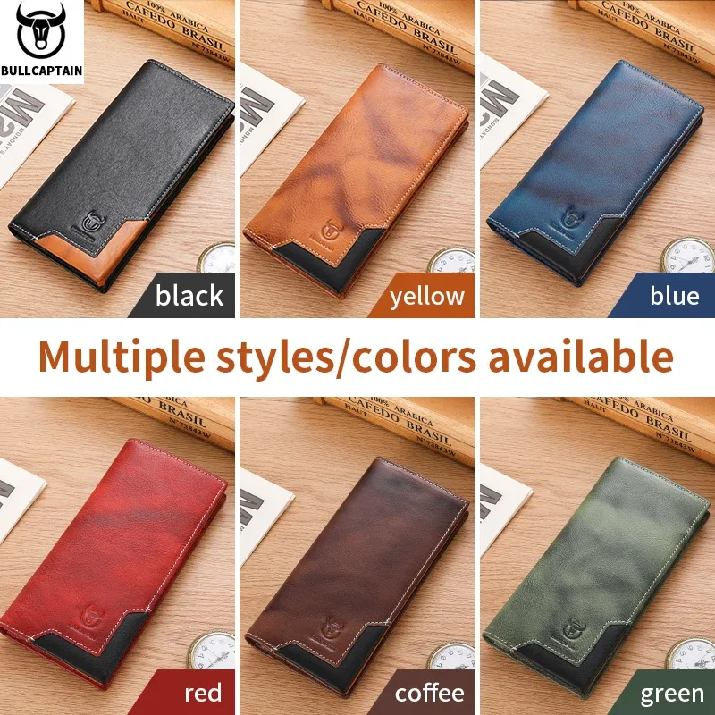 bullcaptain – sac à main long en cuir véritable pour hommes, fonction rfid, porte-carte de crédit, porte-monnaie en cuir, portefeuille multifonctionnel
