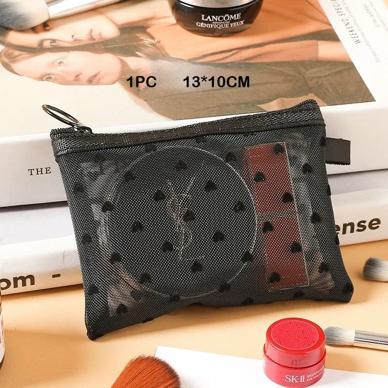 trousse toilette nylon transparents coeurs noirs fond gris petit moyen grand voyage cosmétiques maquillage