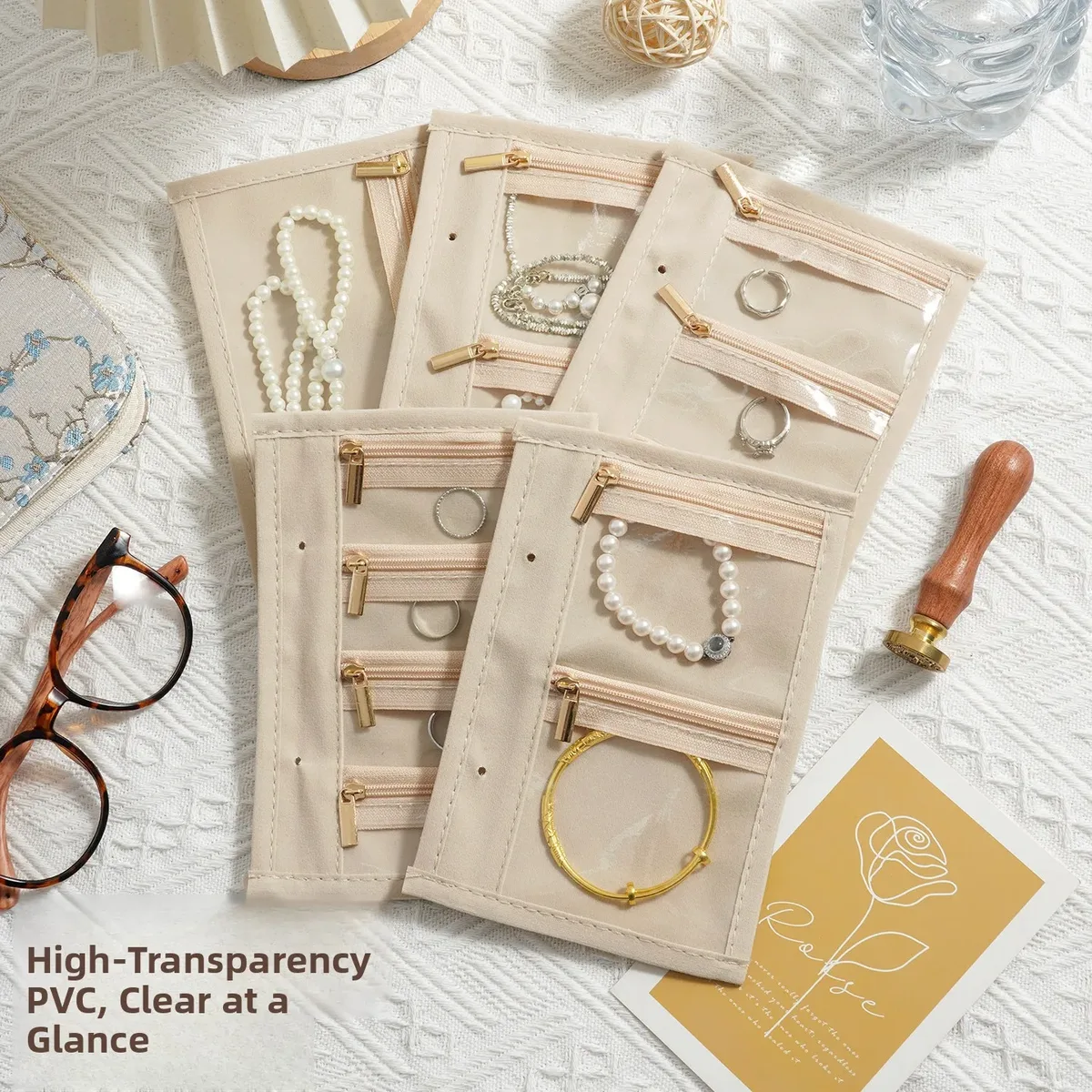 coffret de rangement à bijoux en velours haut de gamme avec fermeture éclair, sac de rangement portable anti-oxydation pour bijoux en or et argent, style cuir de luxe