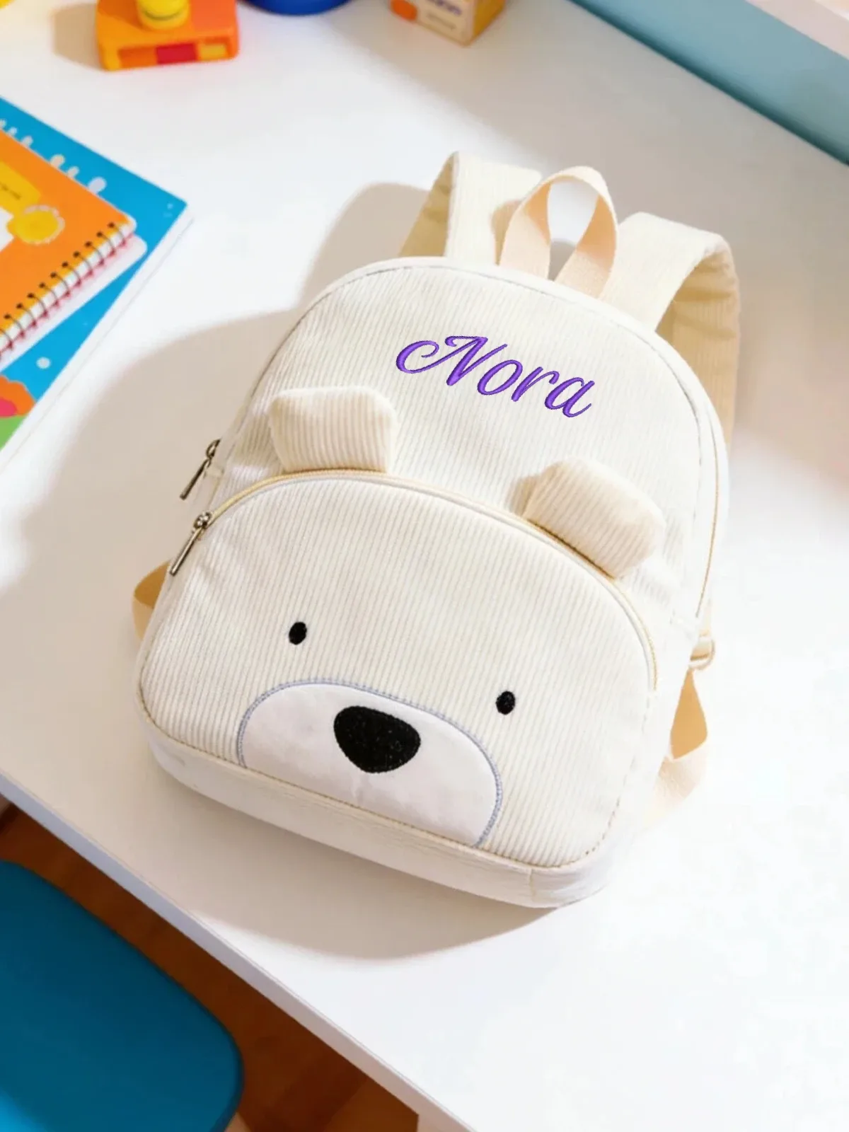 sac à dos de maternelle en velours côtelé, broderie mignonne, nom personnalisé, cartable pour filles et garçons, idéal pour l'école, les voyages quotidiens, cadeau adorable pour enfants.