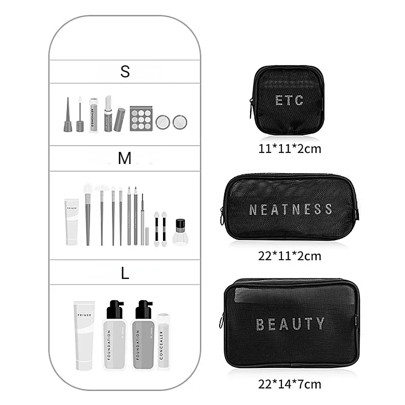 trousse de maquillage pour femmes, sac de voyage, trousse de toilette, trousse de rangement, sacs de maquillage à fermeture éclair, sac à cosmétiques en maille transparente