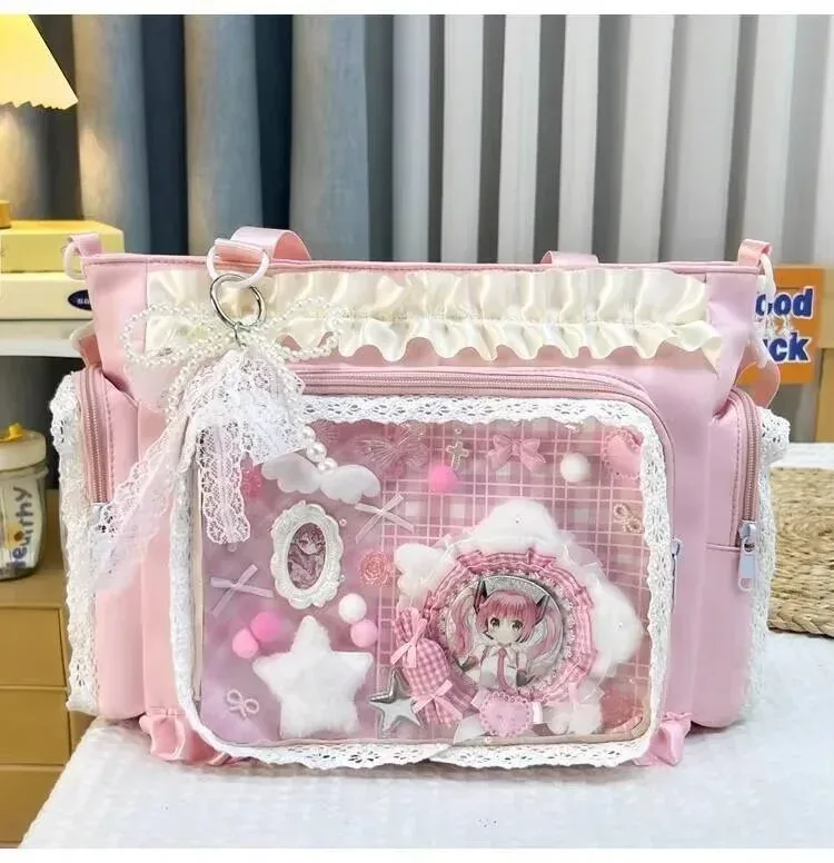 y2k nouveau sac à bandoulière doux ita lolita fille sac à bandoulière transparent femmes grande capacité sac fourre-tout en dentelle mignon bricolage affichage sac à main