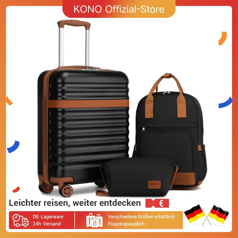 Ensemble de étuis rigides KONO – Étui robuste en ABS + PC avec 4 rouleaux de verrouillage TSA, inclus. Sac à dos de voyage et trousse de toilette 3 pièces