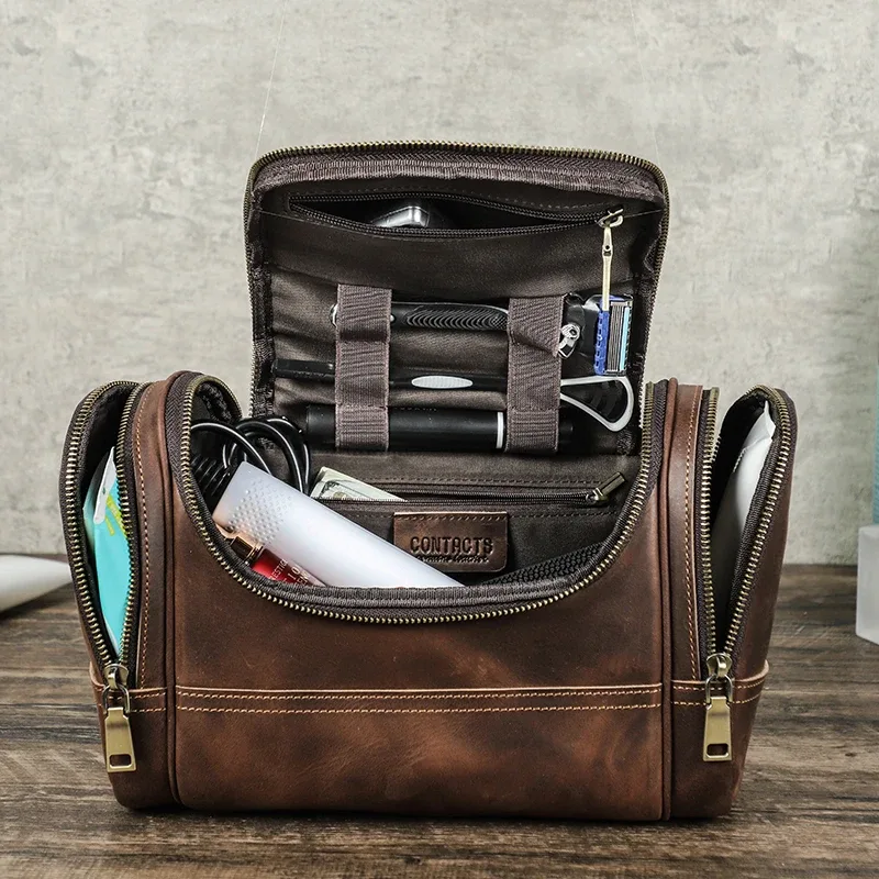 Trousse Toilette Cuir Vache Marron Vieille Crazy Horse Multi Compartiments Zip Bandes Contrastantes Travail Affaires Voyage