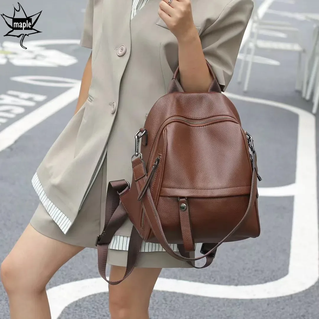 sac à dos en cuir véritable pour femme, sac à dos de voyage, grand sac à dos, peau de vache vintage, école universitaire, fille, café, décontracté, 03