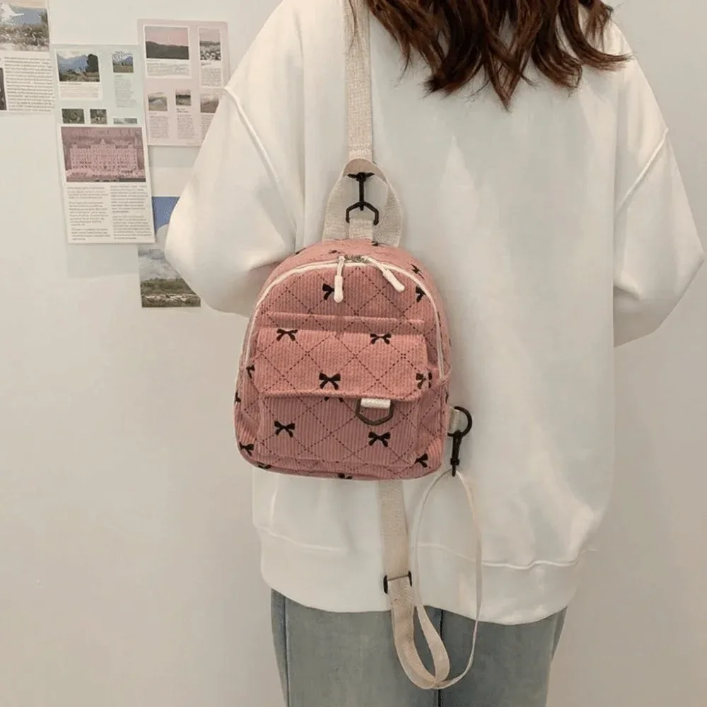 mini sac à dos en velours côtelé avec nœud imprimé, sac à bandoulière léger, sac de rangement cosmétique multi-couches, sac à dos quotidien