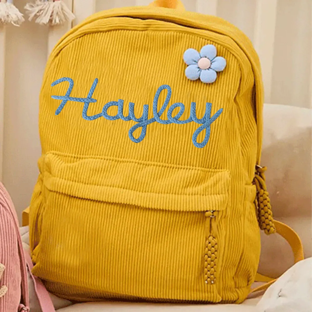 sac à dos en velours côtelé personnalisé 1 pièce, lettres brodées à la main, décorations florales/animales, cadeau idéal.