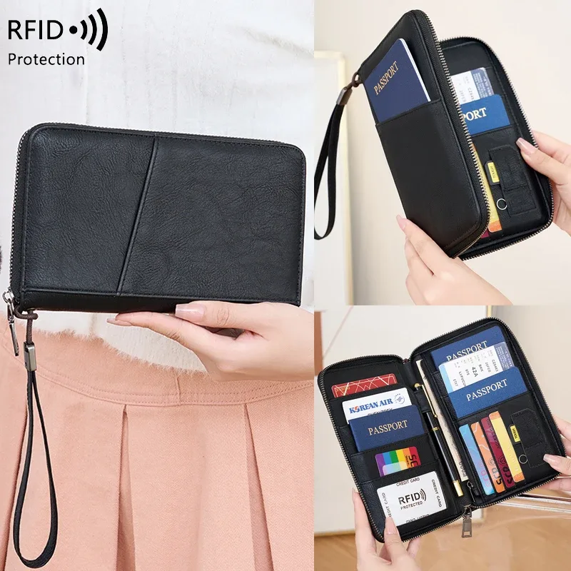 nouveau portefeuille de voyage multifonctionnel en cuir pu pour hommes et femmes, porte-cartes anti-rfid, anti-vol, sac de rangement