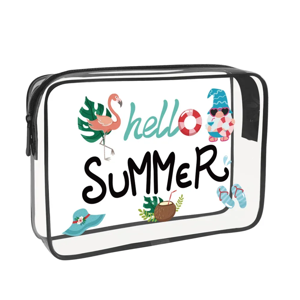 trousse toilette pvc transparent motif hello summer bleu flamants roses lunettes soleil chaussons voyage cosmétiques maquillage