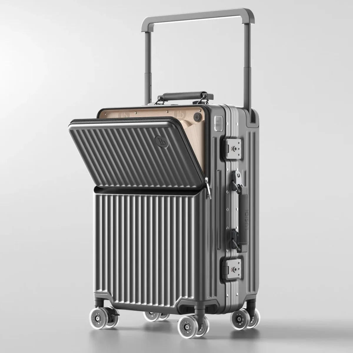 valise à ouverture frontale avec poignée large, cadre en aluminium, serrure tsa, coque rigide, bagage à roulettes 20 pouces, bagage cabine pour voyage