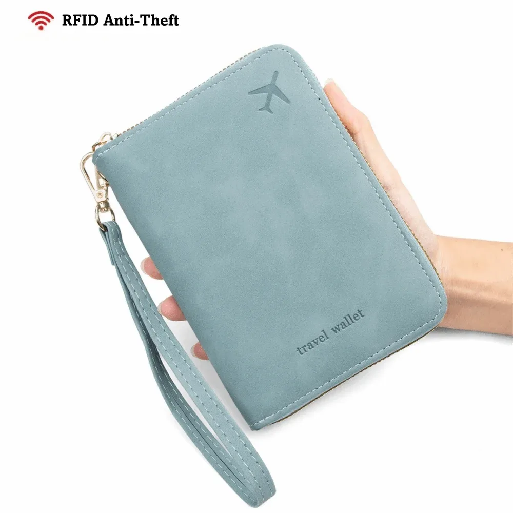 porte-passeport multifonctionnel en pu anti-rfid, couleur unie, avec fermeture éclair, porte-monnaie unisexe