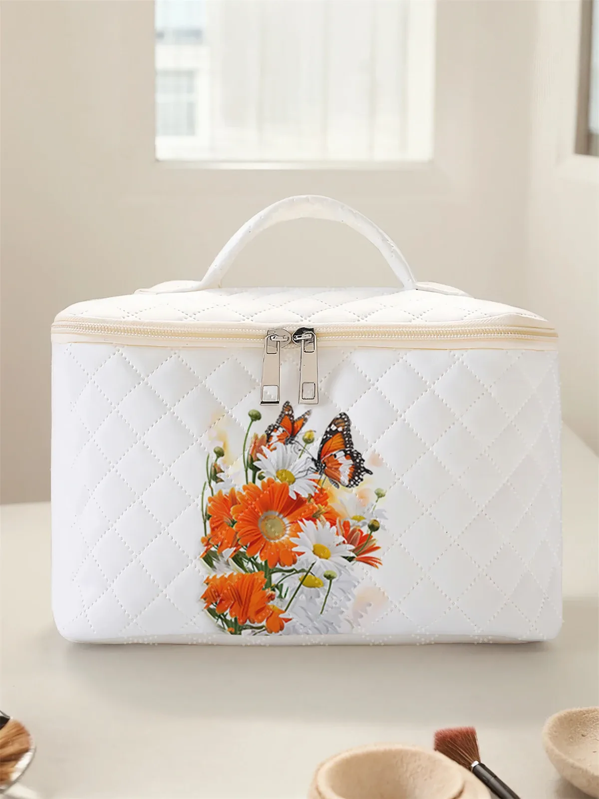 1 pièce, cosmétiques de voyage portables avec motifs floraux, sac de rangement de voyage de grande capacité, trousse de maquillage mignonne et élégante