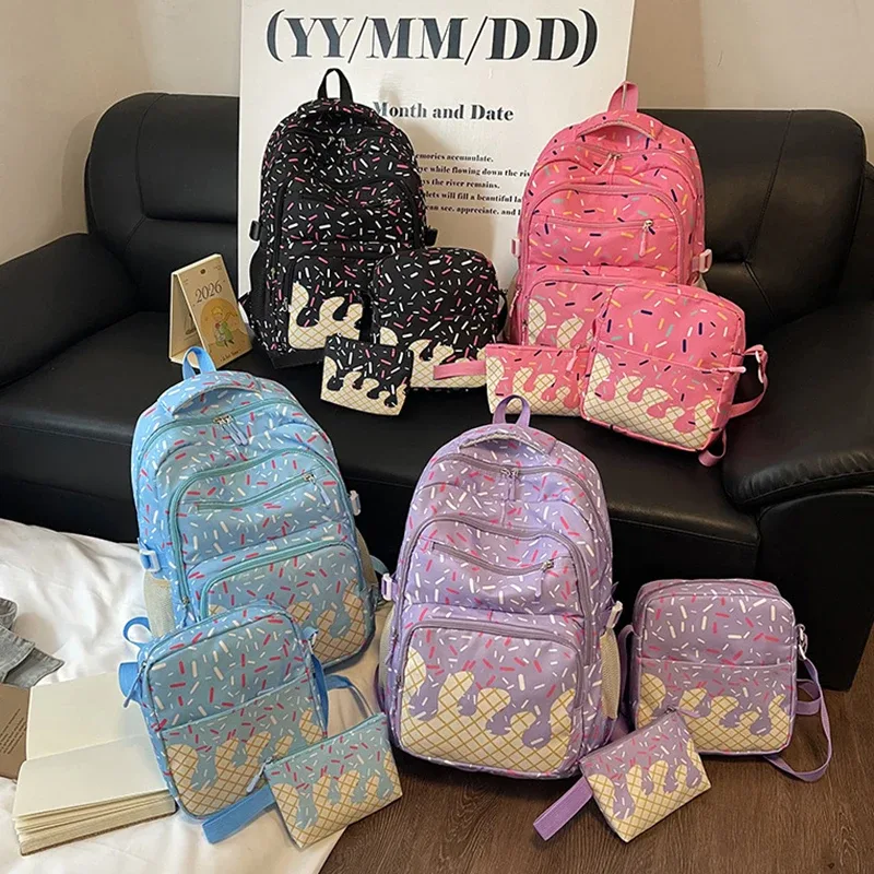 sac dos polyester motifs glace fond rose bleu violet conception uniforme poches lateral fermeture glissière imperméable poche integree femme voyage