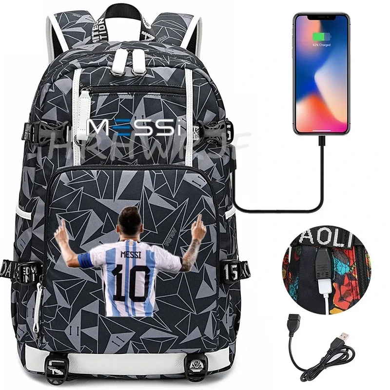 sac à dos de football messi, sac à dos pour ordinateur portable camouflage, capacité usb, sac à dos multifonctionnel, cartable, sacs de voyage pour la randonnée