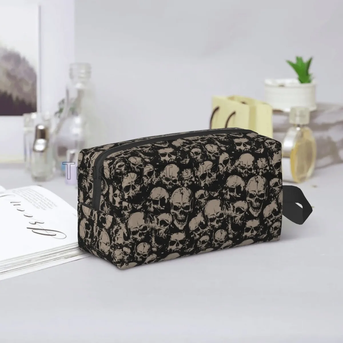 trousse de maquillage de voyage gothique pour femme, grand sac cosmétique portable, étanche, poudres de toilette, accessoires, vintage grunge, crânes