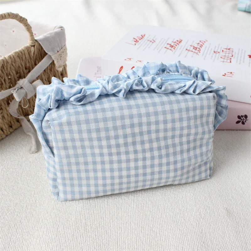 pochette de maquillage à franges en tissu gingham, style coréen, grande capacité, portable, trousse de toilette de voyage pour filles et femmes