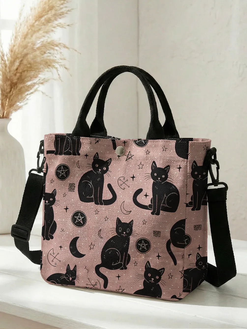 sac fourre-tout en toile rose imprimé lune et étoiles avec chat noir sorcière, bandoulière détachable, sac à main bandoulière pour femme, idéal pour le shopping quotidien