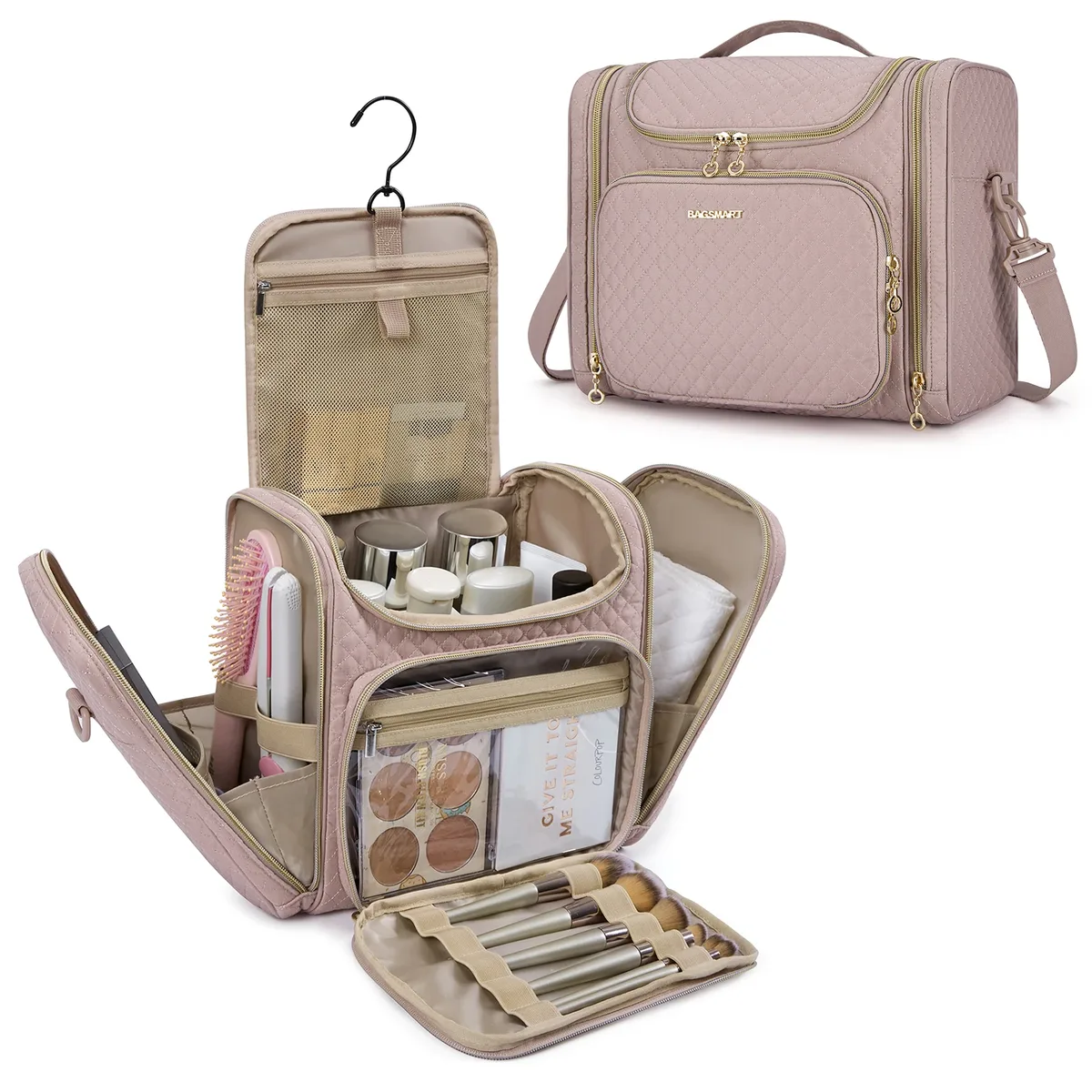 trousse toilette cosmétique pvc noir doré grande capacité organisateur voyage compartiments séparés humidificateur maquillage