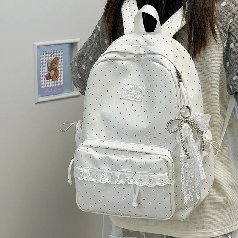 sac à dos à pois de style coréen, sac de voyage scolaire en nylon léger et mignon avec garniture en dentelle pour femmes