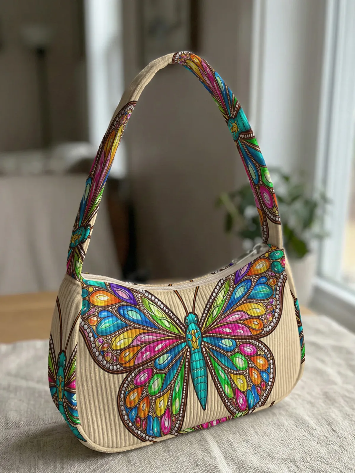 sac à bandoulière tendance à imprimé papillon coloré, sac sous le bras en velours côtelé beige pour un usage quotidien décontracté