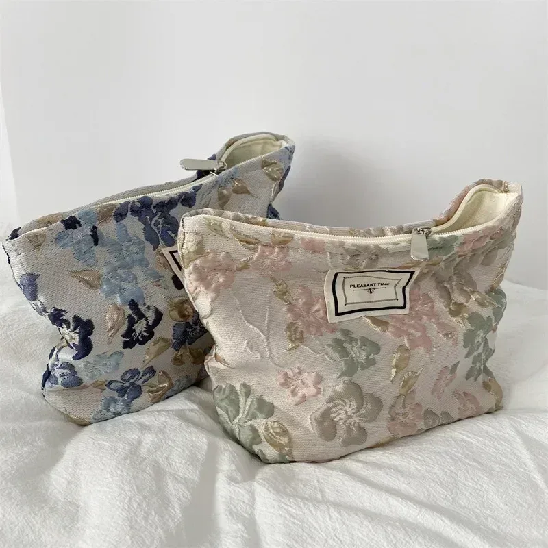 trousse à cosmétiques de beauté florale pour femme, trousse de maquillage, broderie coréenne, velours côtelé, grand sac de rangement de lavage et de toilette, poudres, voyage