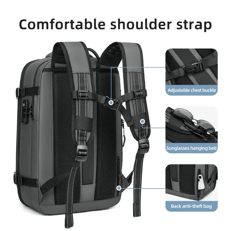 sac à dos de voyage pour hommes, sac à dos à compression sous vide pour ordinateur portable 17 pouces, sac à dos d'affaires de grande capacité, sac à dos de camping extensible, sac à dos de randonnée