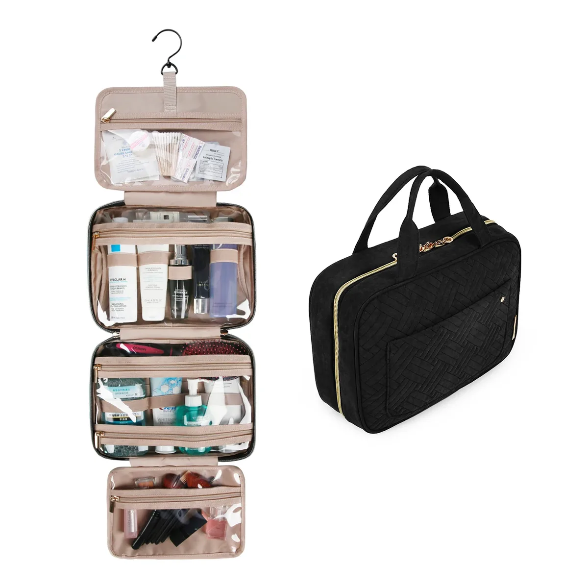 trousse toilette pvc compartiments transparents noire motif géométrique relief voyage cosmétiques maquillage rangement affaires week-end