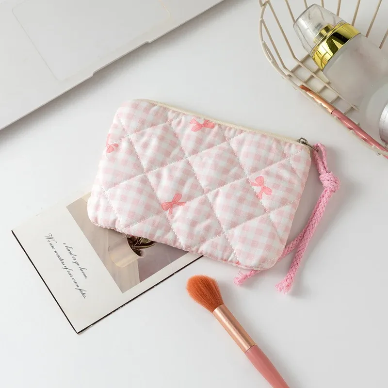 sac à cosmétiques avec nœud mignon, sac à cosmétiques à fermeture éclair pour femmes, petit étui de rangement pour rouge à lèvres, trousse de maquillage, sacs pour cartes de voyage pour dames