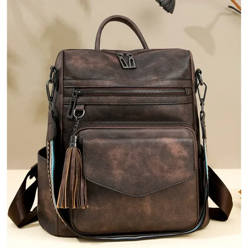 sac à dos en cuir pu pour femmes, imperméable, antivol, grand sac à dos de voyage rétro pour collège, sac à bandoulière avec pompon, 2025