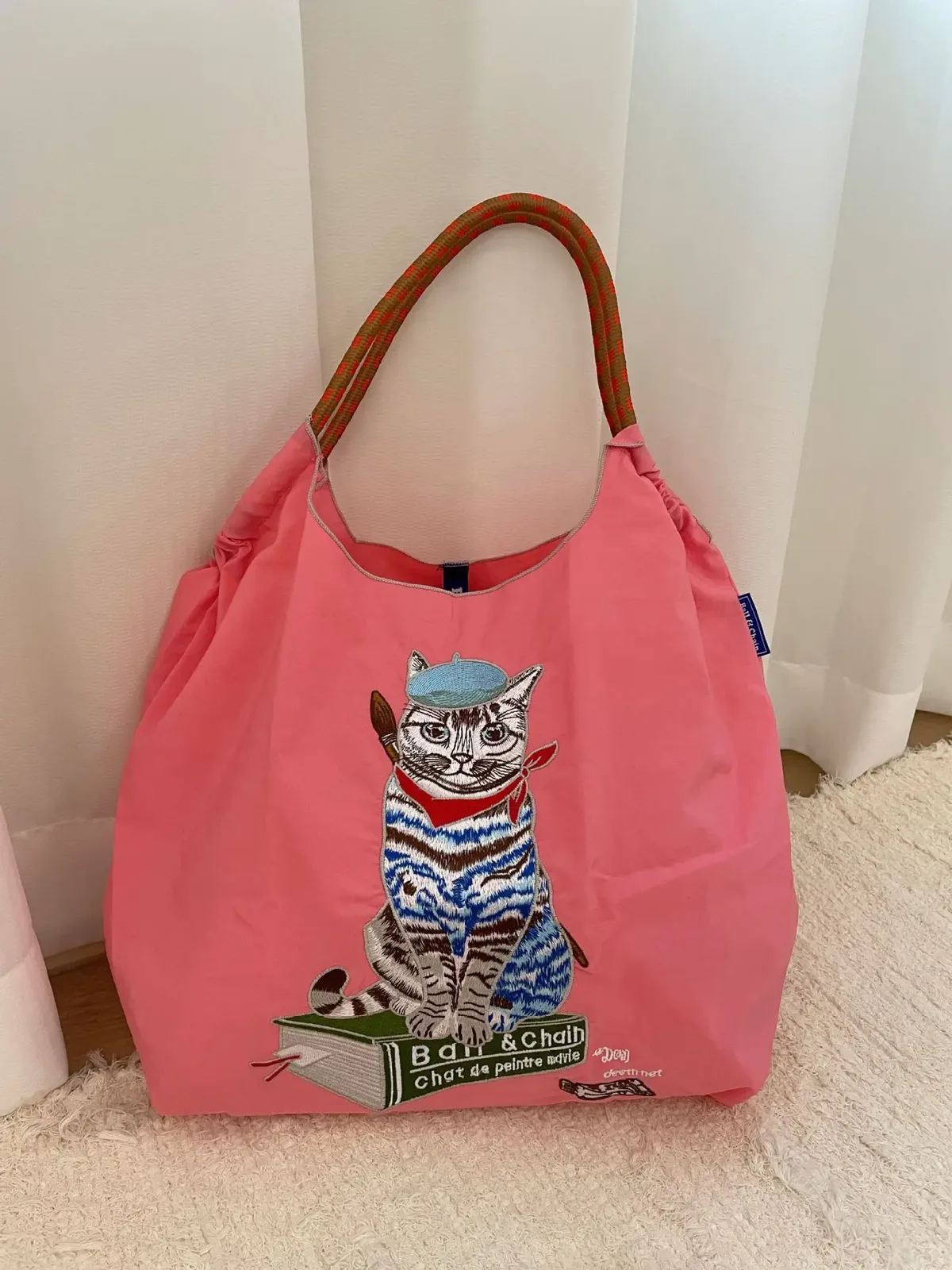 sac de shopping brodé pour femmes, avec chaîne à billes, grande capacité, en nylon écologique, sac à main, sac à bandoulière, sac porté en travers du corps.