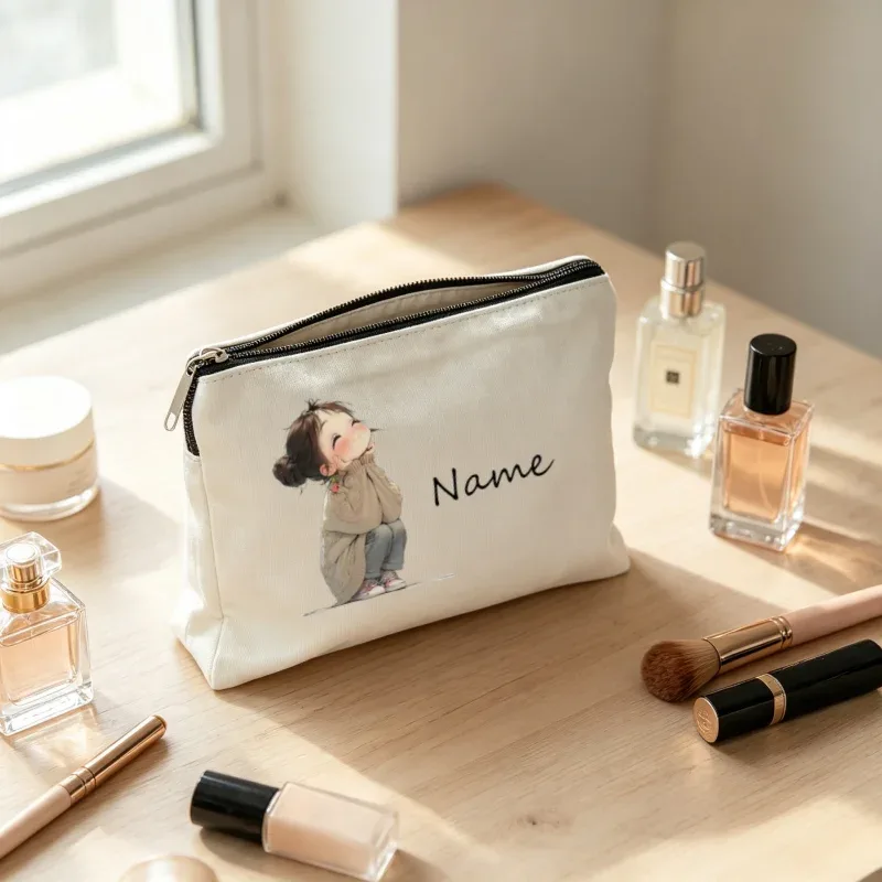 pochette de maquillage personnalisée avec imprimé de fille de dessin animé mignon, sac cosmétique de voyage, étui à fermeture éclair pour le rangement des rouges à lèvres, étui à crayons, sac à maquillage, cadeau pour femmes