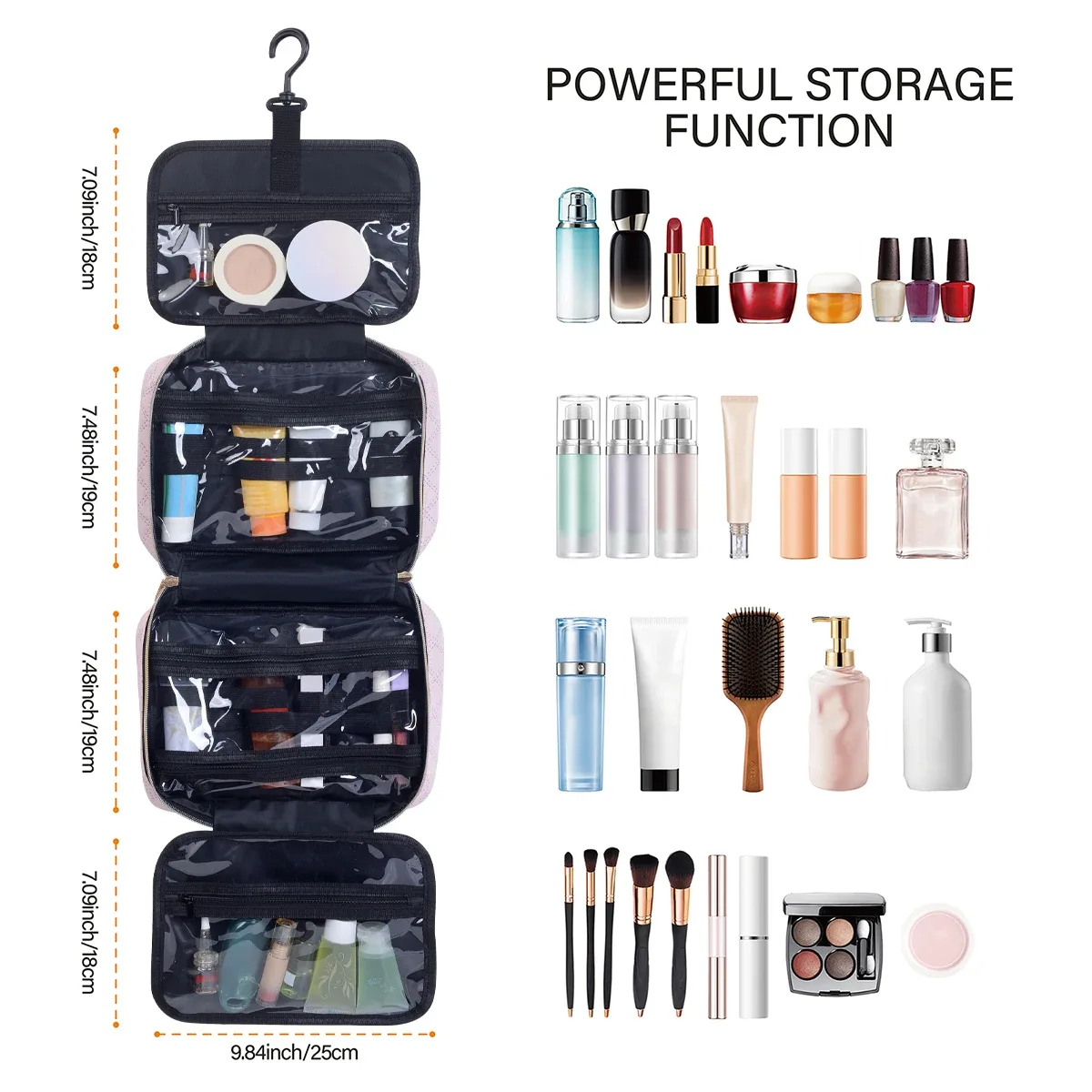 uozl organisateur de toilette suspendu de grande capacité-étui de maquillage en polyester noir imperméable avec fermeture éclair dorée, multi-compartiments de