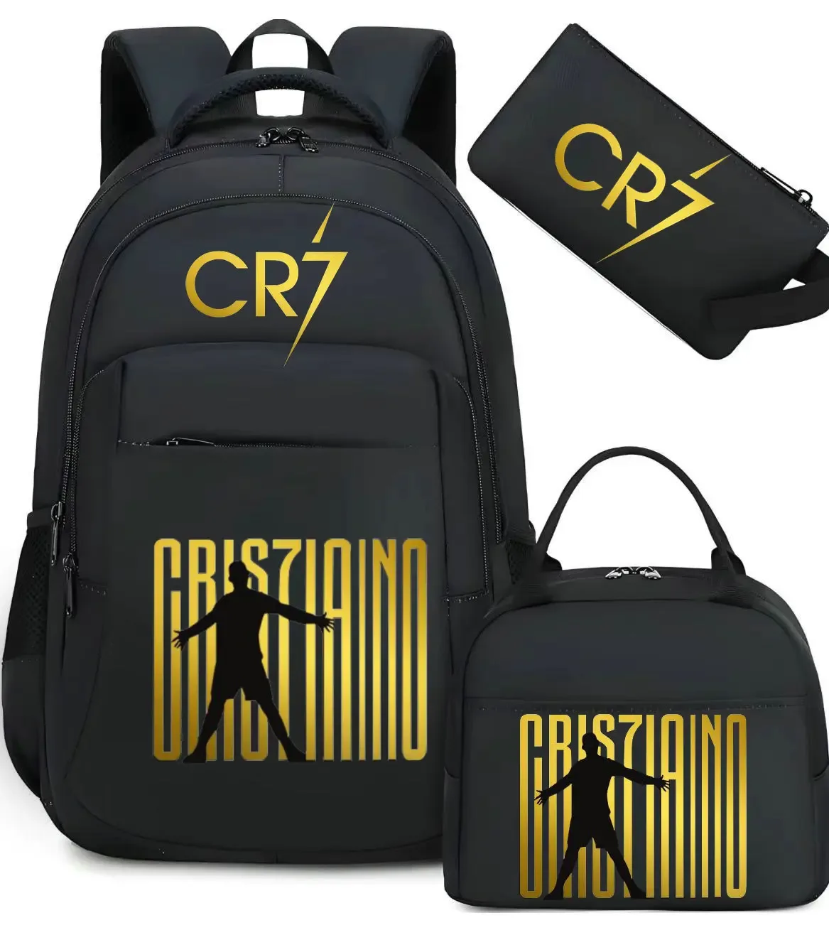 sac polyestere noir motif graphique sac dos pochette lunch cr7 cristiano voyage école adolescents femmes hommes