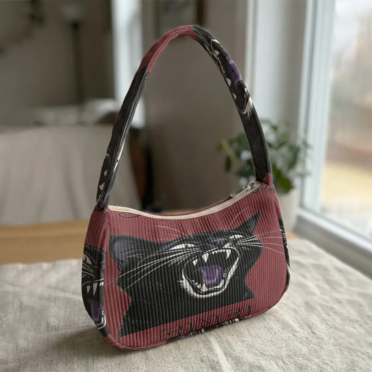 sac à bandoulière tendance imprimé chat noir en colère, sac sous le bras en velours côtelé pour un usage quotidien décontracté