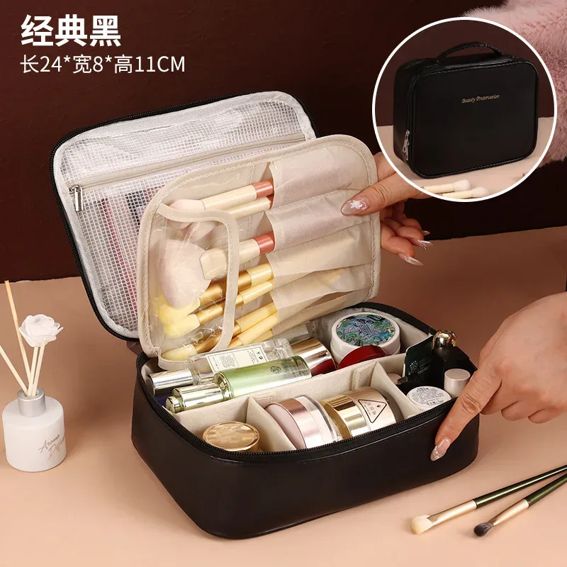 grande trousse de maquillage portable avec panneau à pinceaux amovible, étui de rangement cosmétique de voyage pour femmes