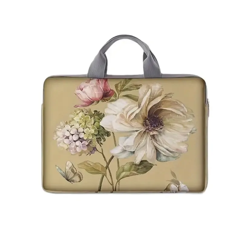 housse polyester motif floral fleurs roses blanches feuilles vertes papillons beige poignée grise protection ordinateur portable voyage