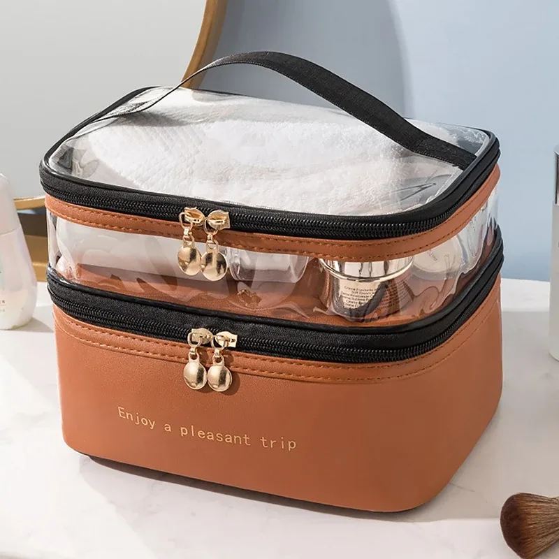 sac de toilette imperméable en pvc pour femme 2026, sac de voyage portable en cuir, grande capacité, organiseur de maquillage de voyage
