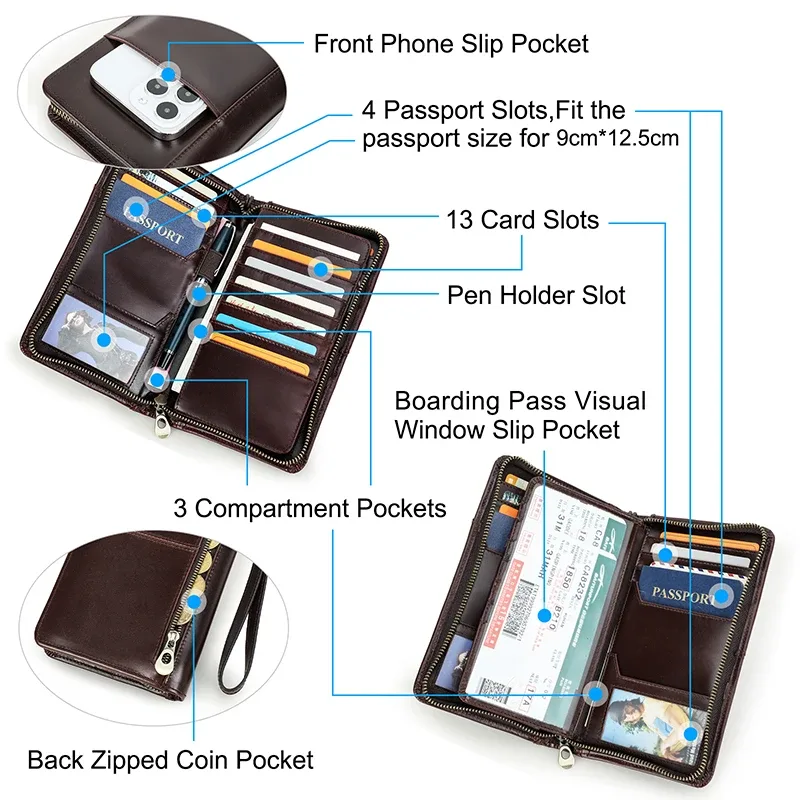 porte-passeport en cuir véritable pour homme de la marque contact avec emplacement pour stylo, portefeuilles de voyage pour passeports familiaux, porte-cartes d'identité, organiseur de documents, pochette pour documents