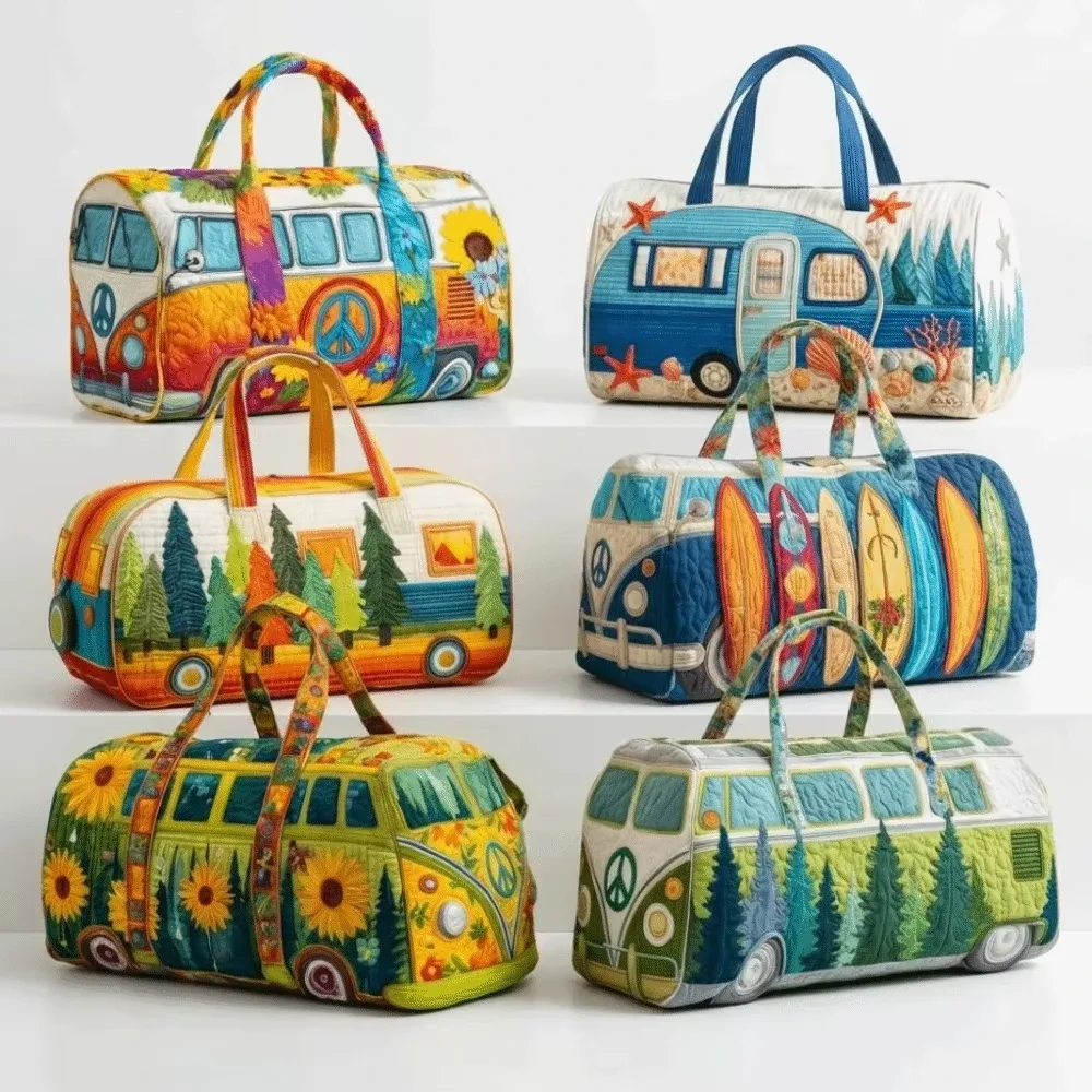 sac de voyage matelassé 3d tendance, motif bus, grande capacité, sac à main rétro bohème, sac de sport robuste pour les sorties quotidiennes