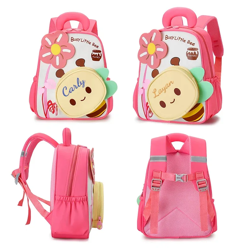sac dos polyester rose motifs abeilles fleurs enfants double bandoulière grande capacité voyager école