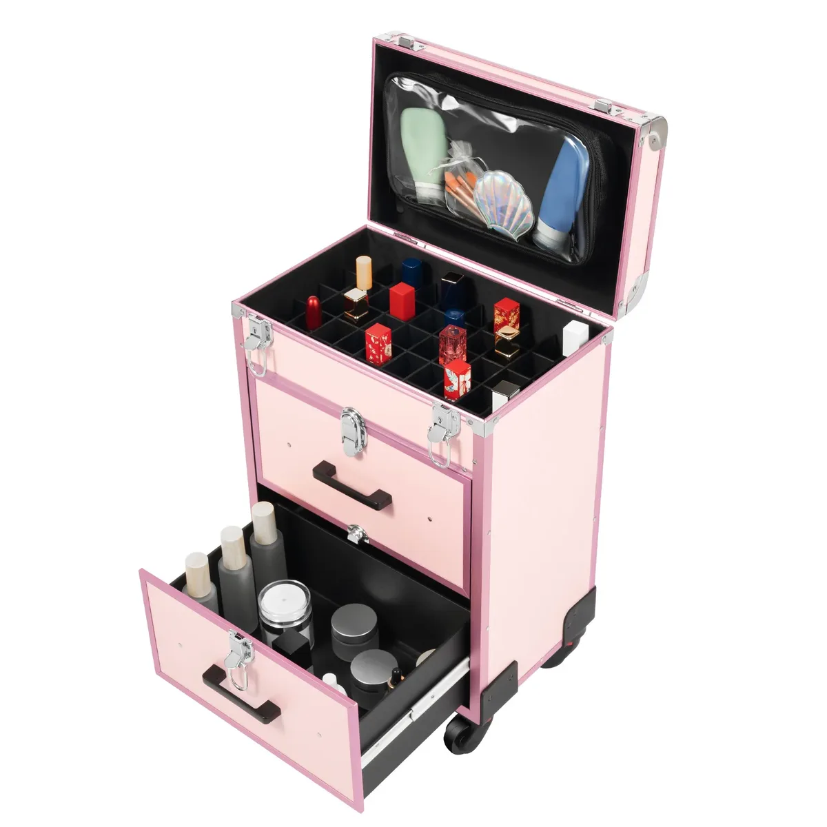 valise de maquillage à roulettes grande capacité, verrouillable, étanche, pour maquilleurs professionnels