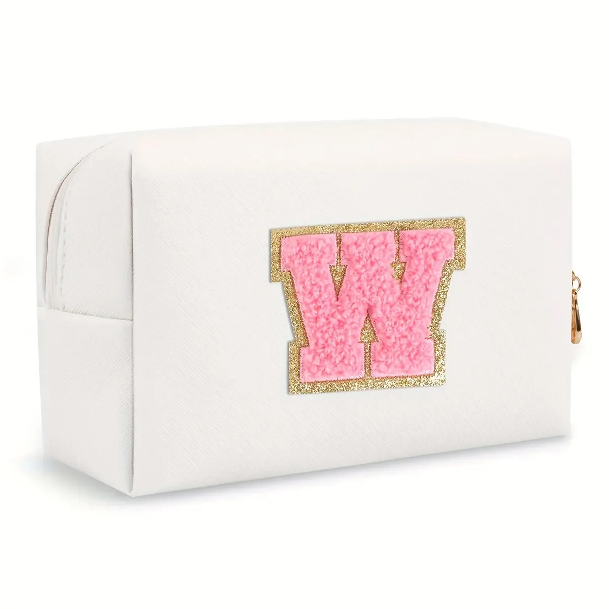 trousse de maquillage preppy pour femmes, trousse de toilette de voyage, sac à cosmétiques avec lettres en chenille, pochette étanche en cuir pu, joli organisateur à fermeture éclair-ll