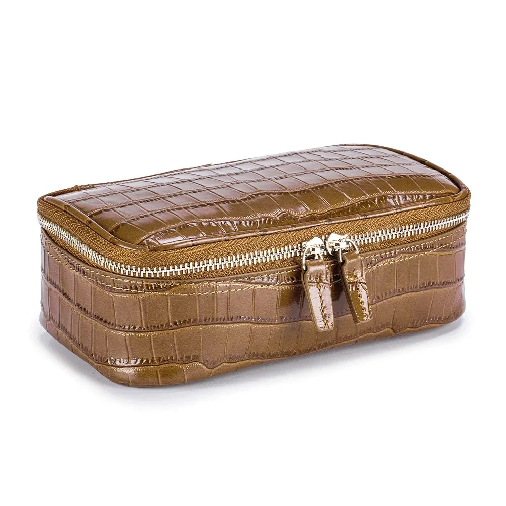 pochette de maquillage en cuir véritable à motif crocodile, grande capacité, portable, pour voyage, organiseur de toilette, sac à main, pochette cosmétique de luxe
